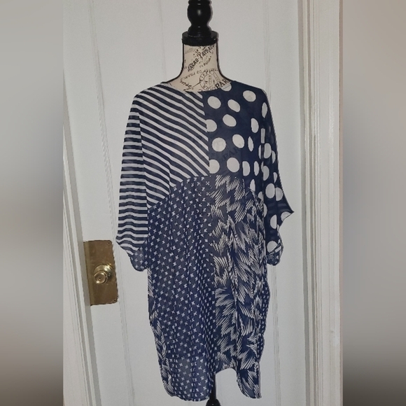 VINCE CAMUTO Women Long Chiffon Gown Top, Polkadot Striped Blue Patterned Top🌴 - Picture 2 of 5